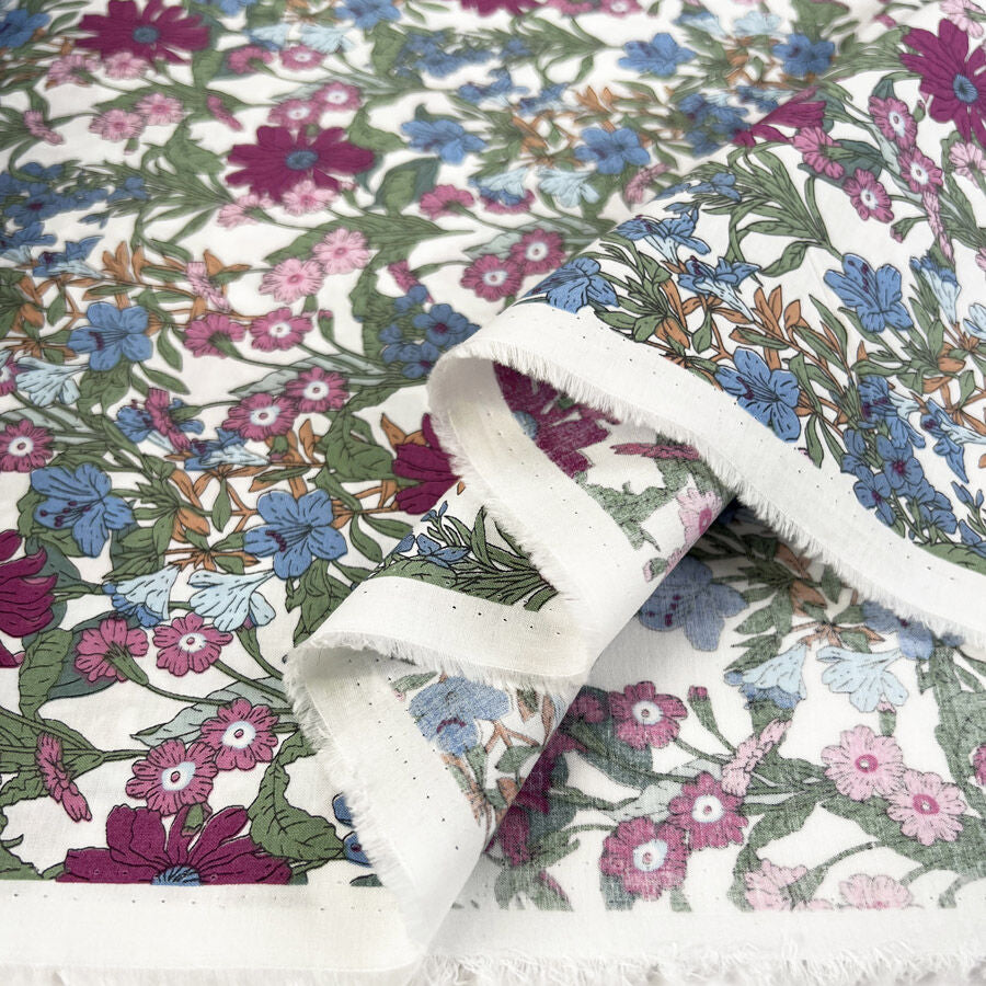 Pima Cotton Lawn Lottie Pastel White Floral Pink Blue Dress Fabric Fold