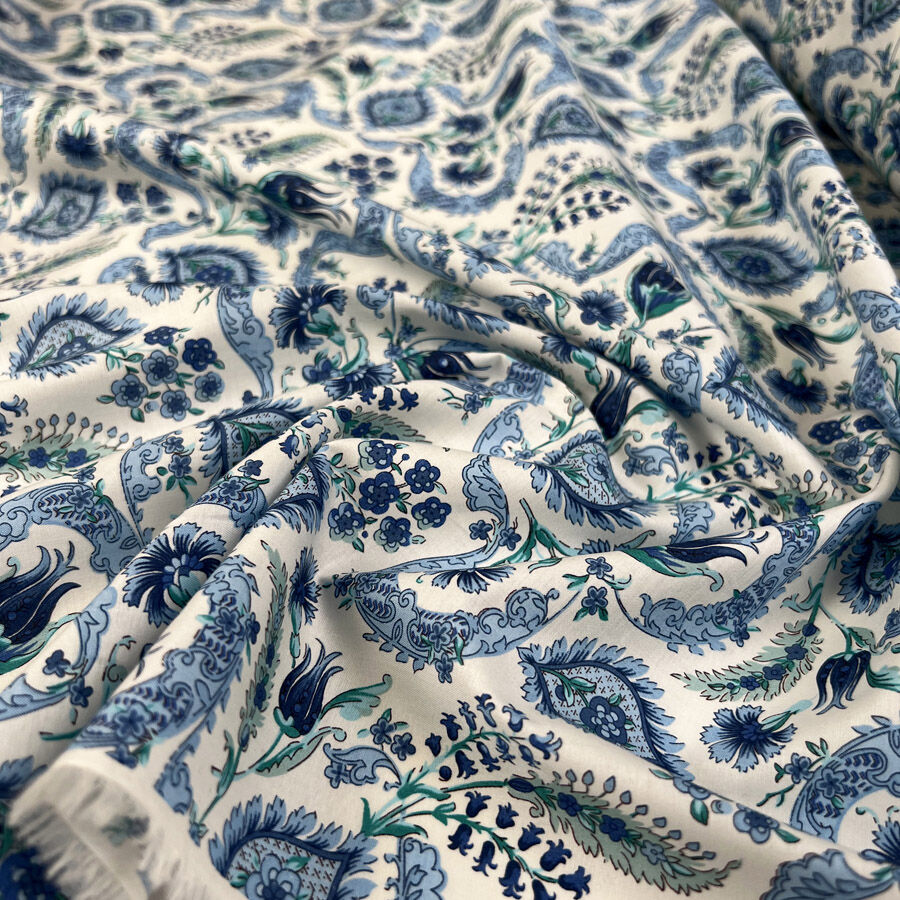 Pima Cotton Lawn Raj Blue Woven Paisley Floral White Dress Fabric