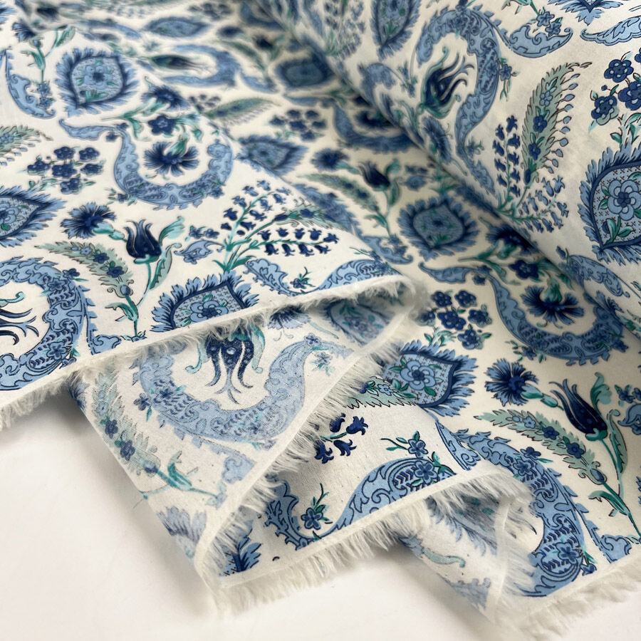 Pima Cotton Lawn Raj Blue Woven Paisley Floral White Dress Fabric Fold