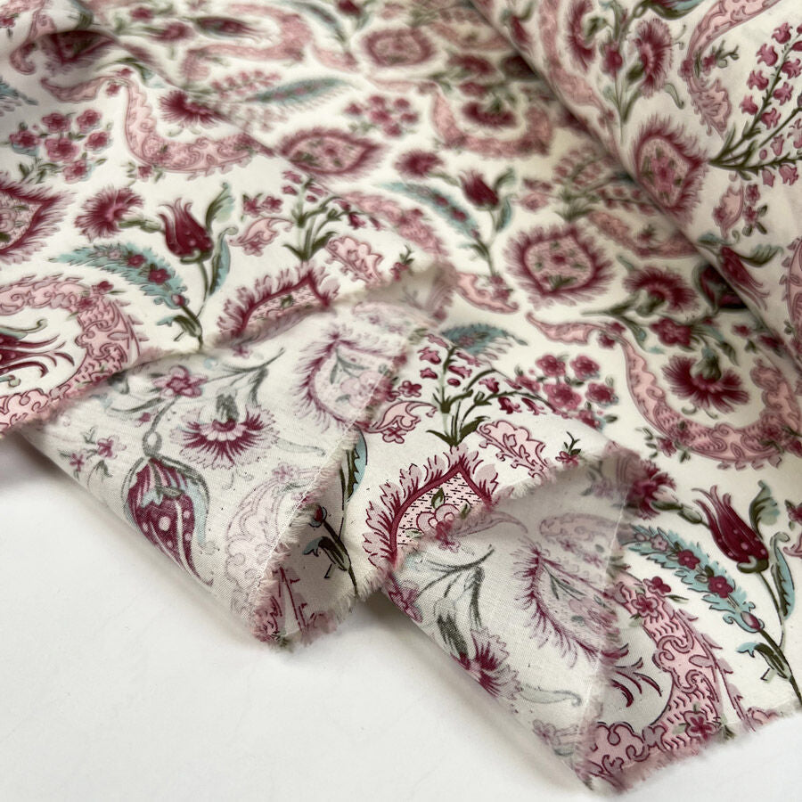 Pima Cotton Lawn Raj Pink Woven Paisley Floral White Dress Fabric Fold 8389B038 7Cbe 46B9 819E A80Dcd897F94