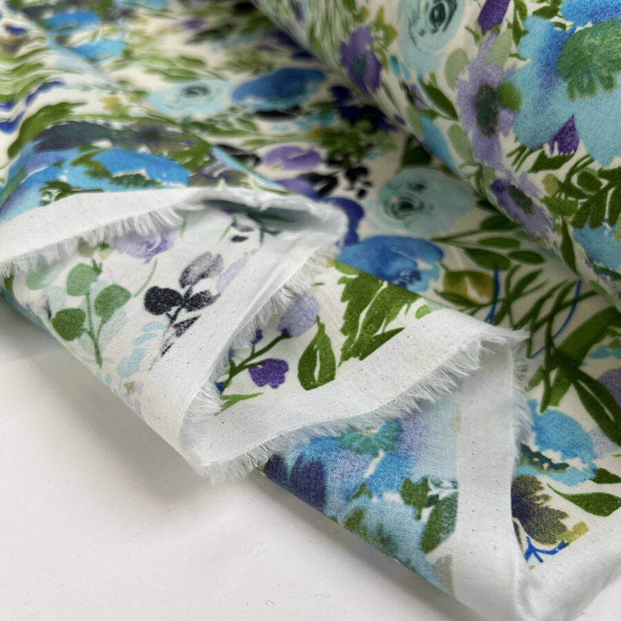 Pima Cotton Lawn Sindy Green White Floral Leaf Print Dress Fabric Fold