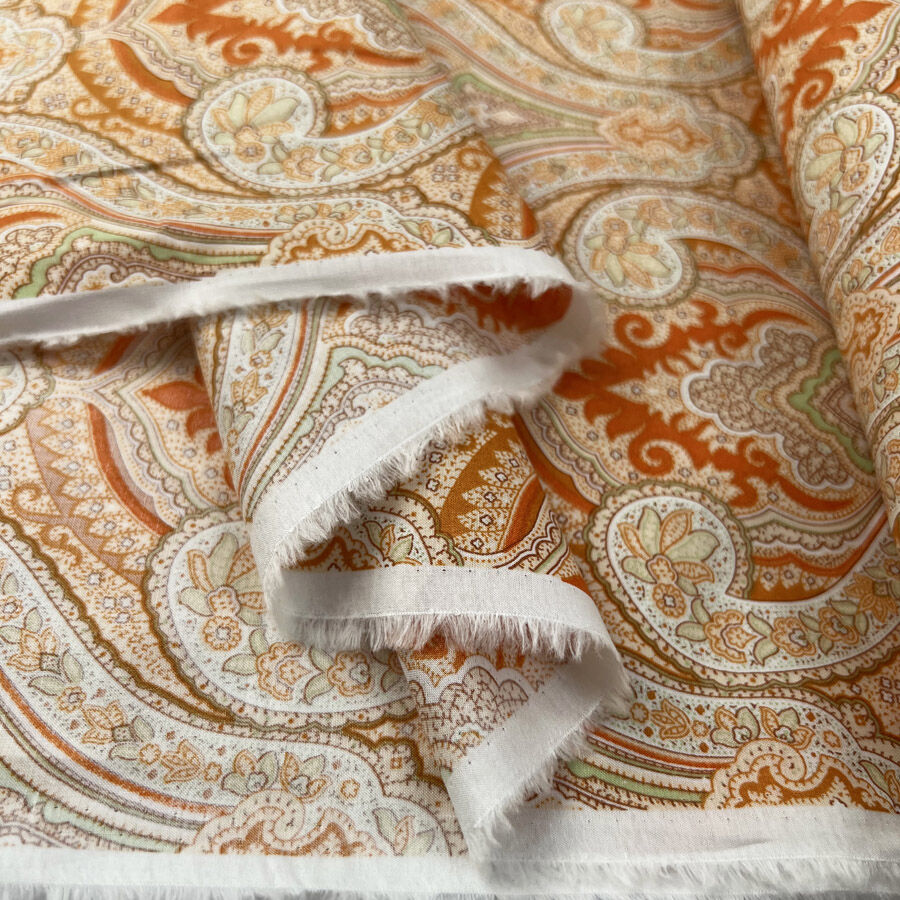 Pima Cotton Lawn Sungold Paisley Orange Floral Dress Fabric Fold