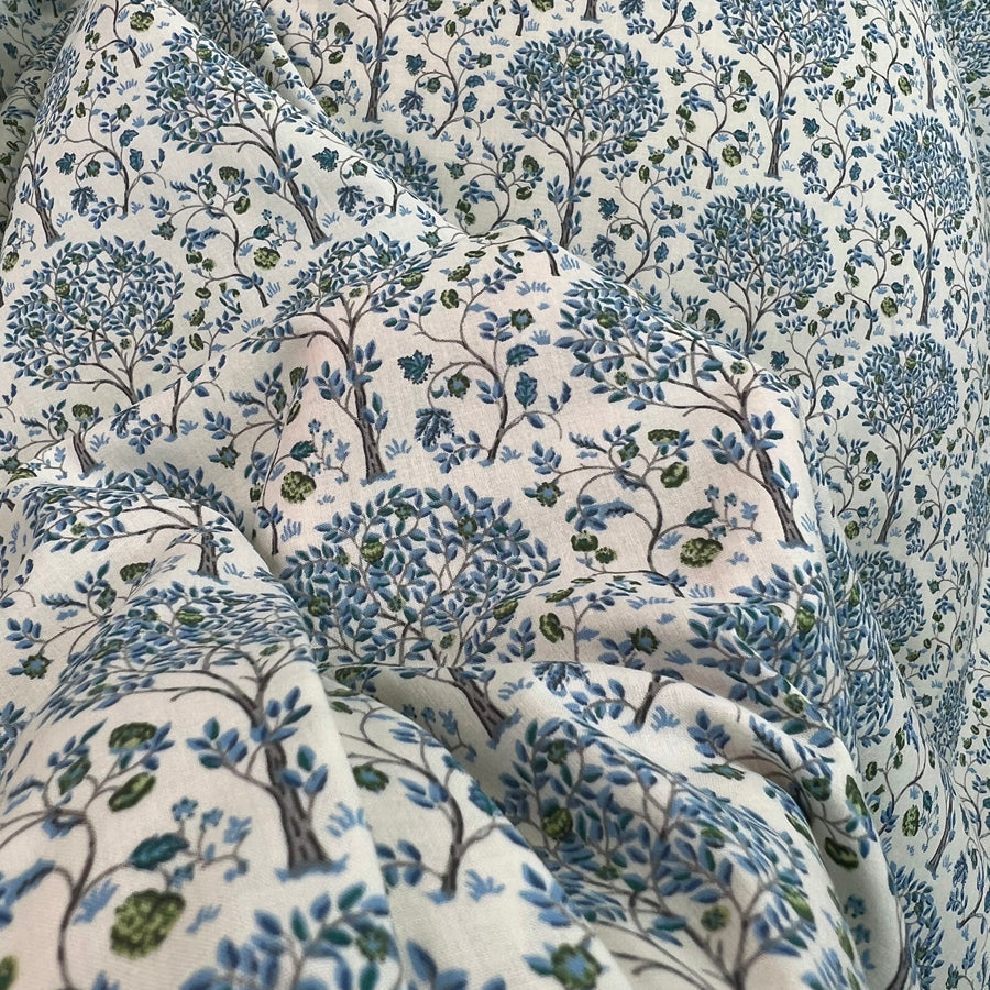 Pima Mulberry Tree Blue Cotton Lawn White Printed Dress Fabric