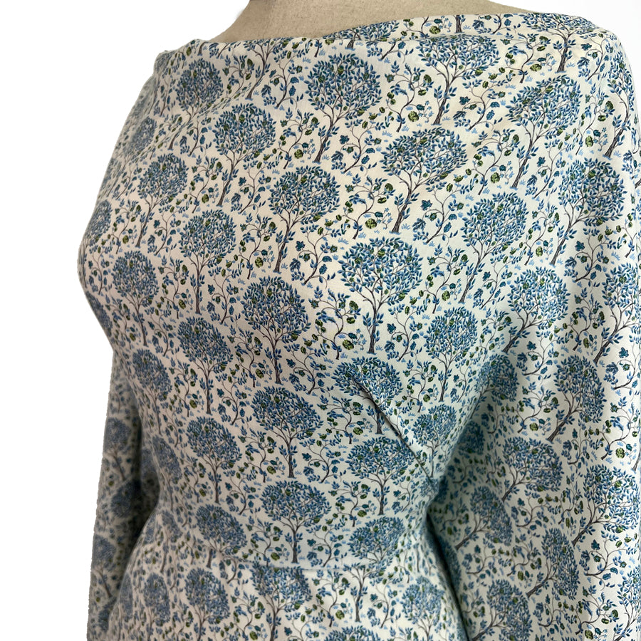 Pima Mulberry Tree Blue Cotton Lawn White Printed Dress Fabric Side
