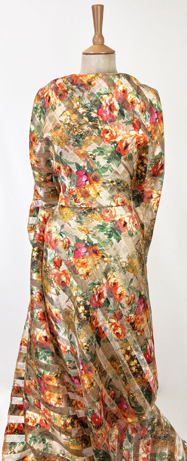 Polyester Organza Striped Orange Floral Claudia Manneqiun