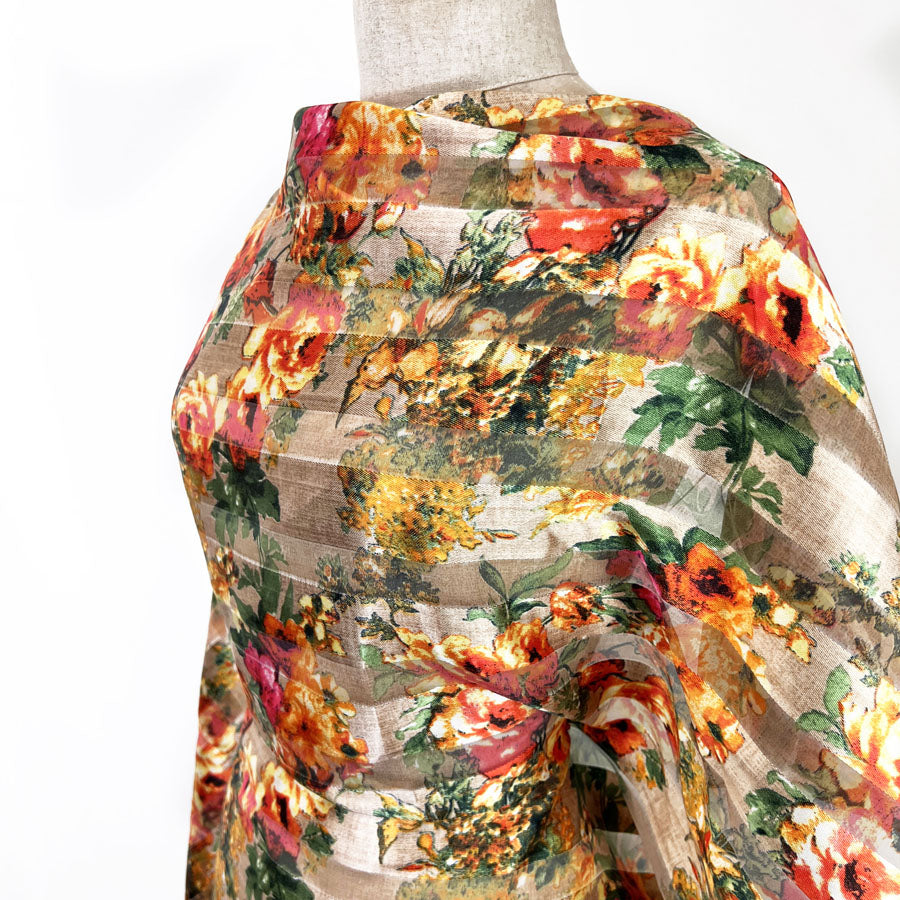Polyester Organza Striped Orange Floral Claudia Side