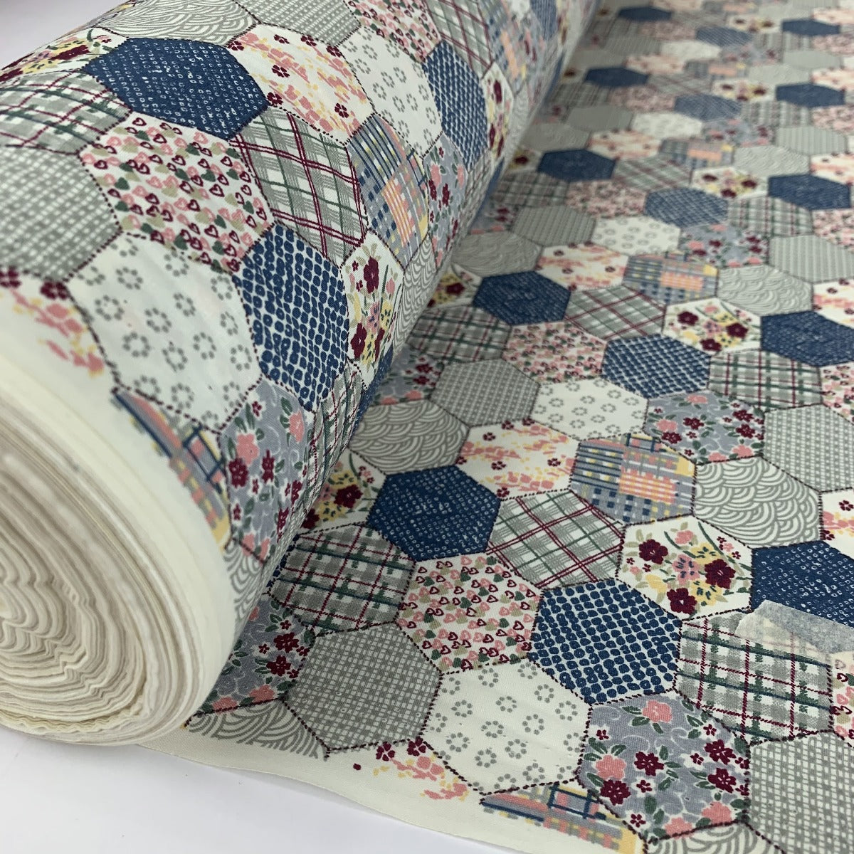 Poplin Print Patchwork Blue Hexaon Floral Patchwork Design Roll