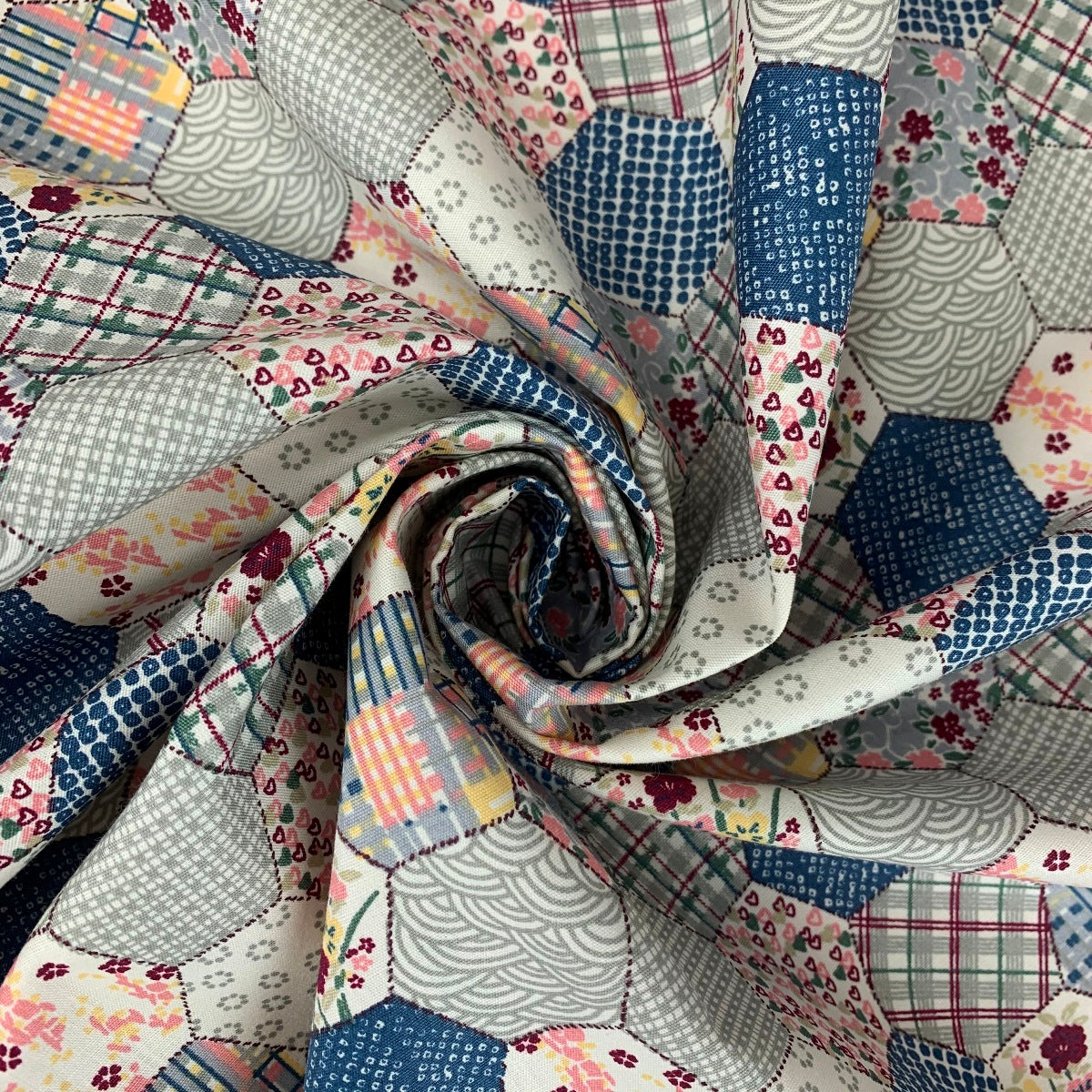 Poplin Print Patchwork Blue Hexaon Floral Patchwork Design Swirl