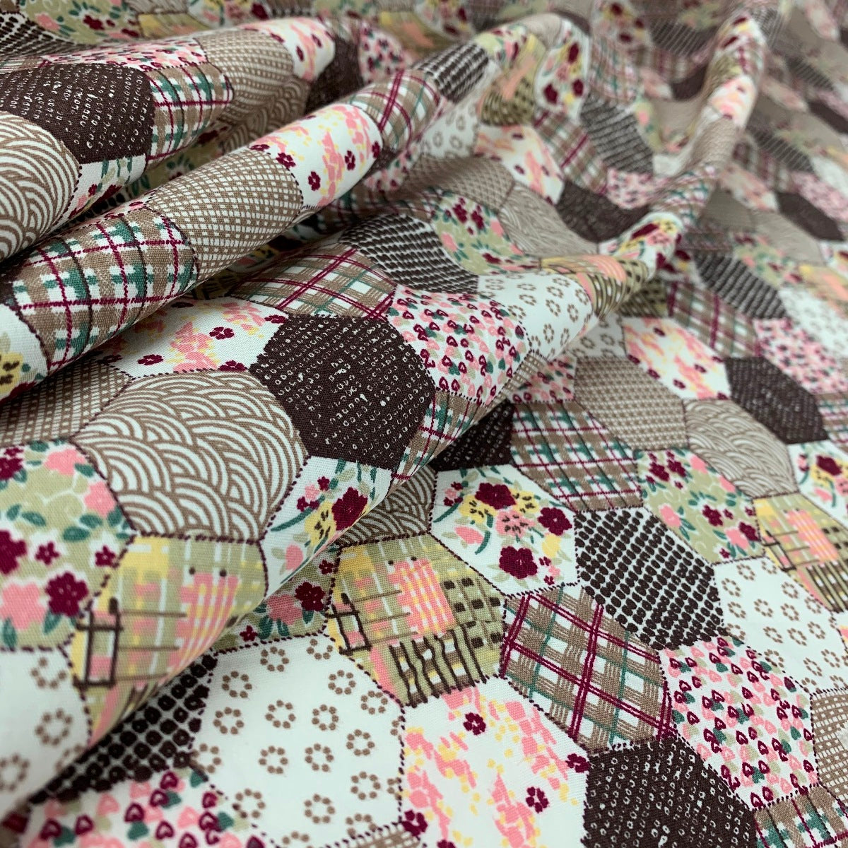 Poplin Print Patchwork Brown Hexaon Floral Patchwork Design Fold