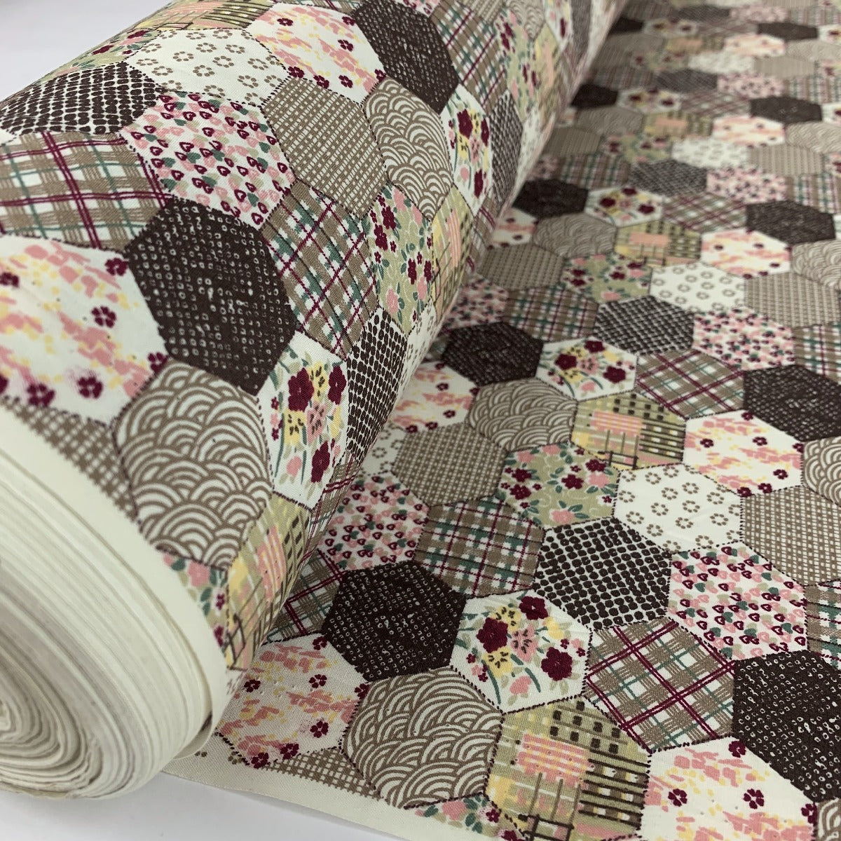 Poplin Print Patchwork Brown Hexaon Floral Patchwork Design Roll