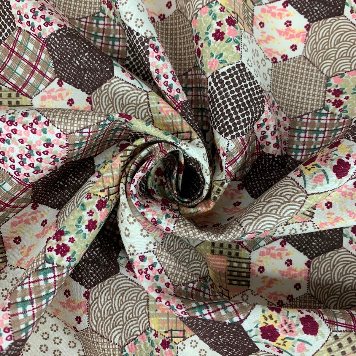 Poplin Print Patchwork Brown Hexaon Floral Patchwork Design Swirl