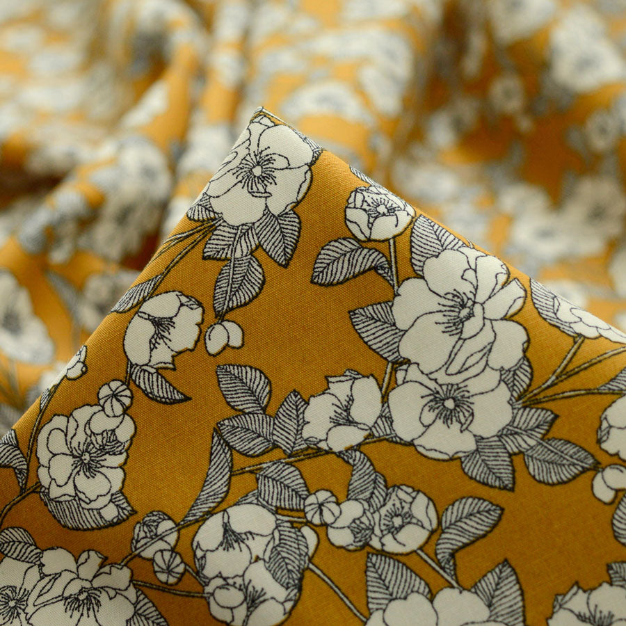 Poplin Print Vintage Mustard Cotton Floral Dress Fabric Cu