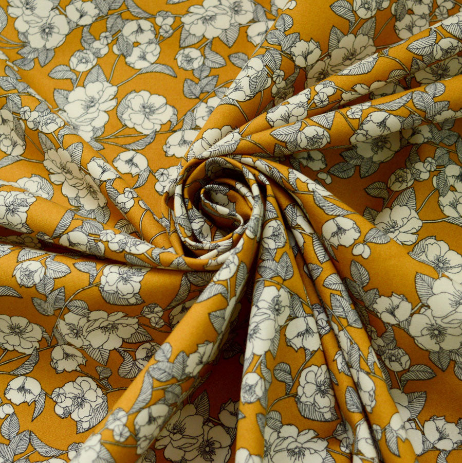 Poplin Print Vintage Mustard Cotton Floral Dress Fabric Cud