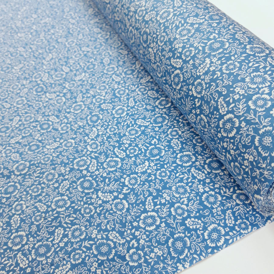 Poplin Prints Folk Blue Cotton Poplin Floral Folklore Printed Farbric Fabric Photo