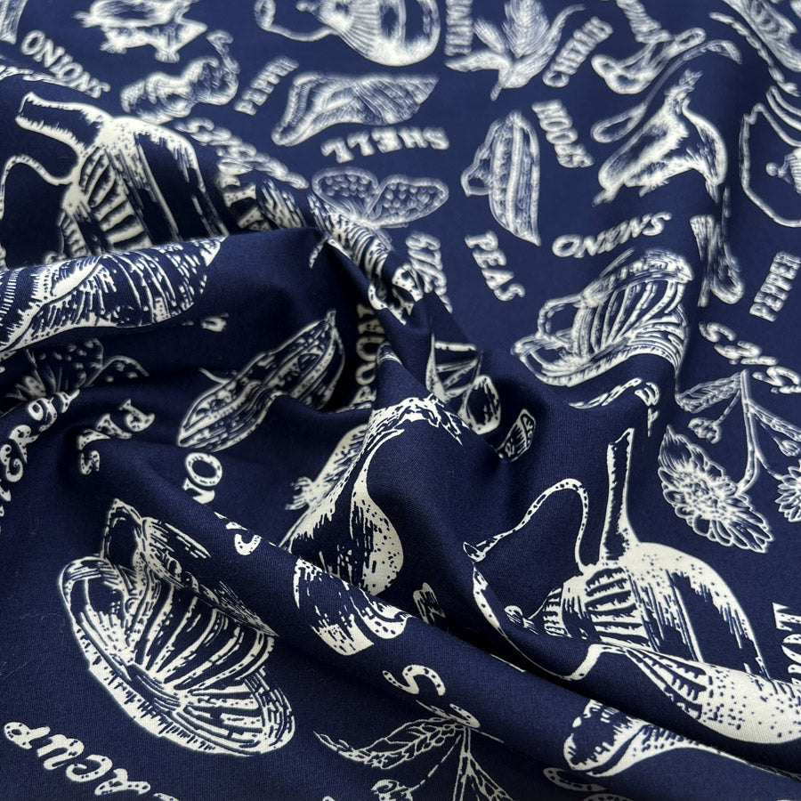 Poplin Styles Souveniers Navy Blue Abstract Shell Print Cotton Dress Fabric