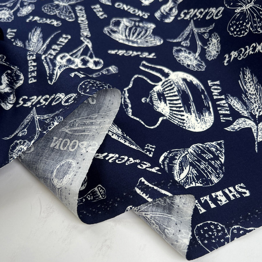 Poplin Styles Souveniers Navy Blue Abstract Shell Print Cotton Dress Fabric Fold