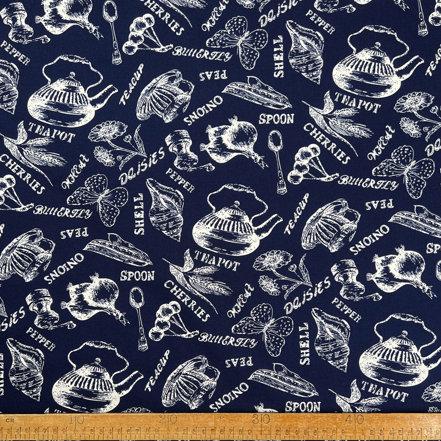 Poplin Styles Souveniers Navy Blue Abstract Shell Print Cotton Dress Fabric Ruler