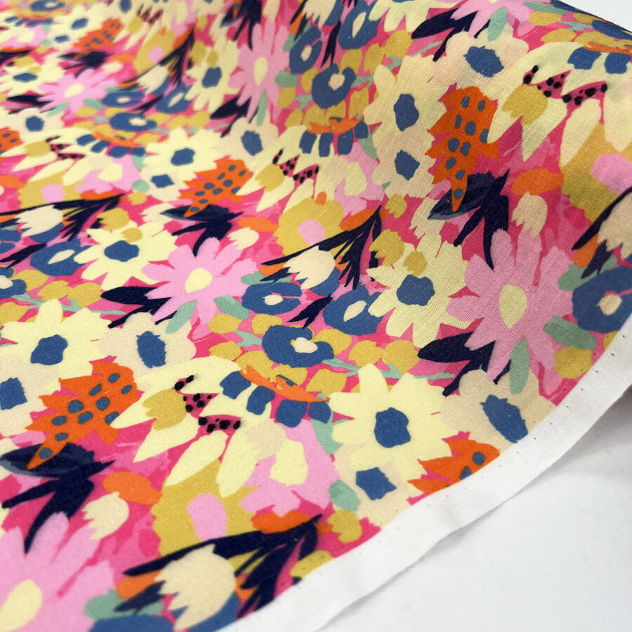 Pretty Polly Bloomburst Polyester Cotton Pink Multicoloured Floral Dress Fabric Roll