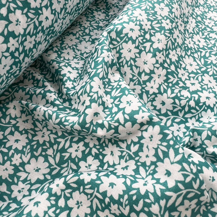 Pretty Polly Cotton Polyester Print Fabric Aqua Azalea Close Up