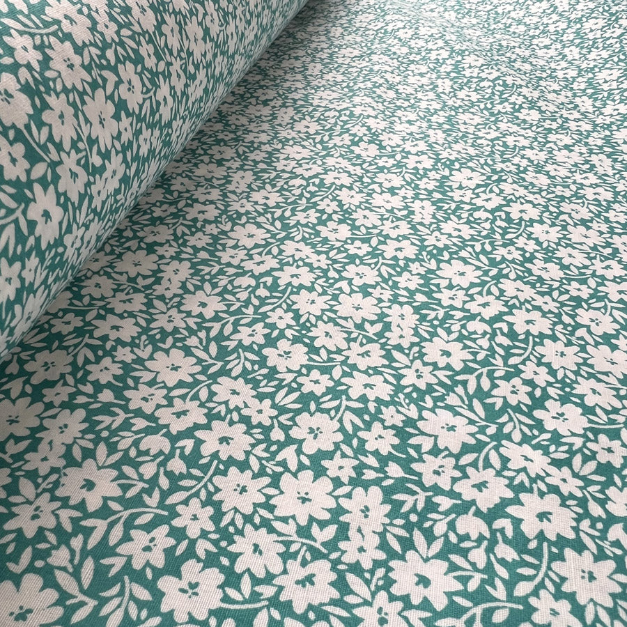 Pretty Polly Cotton Polyester Print Fabric Aqua Azalea Roll