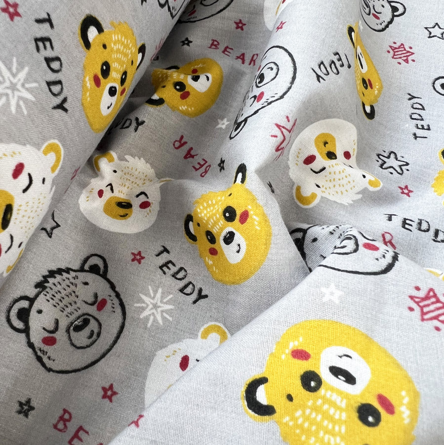 Pretty Polly Cotton Polyester Print Fabric Grey Bear Close Up