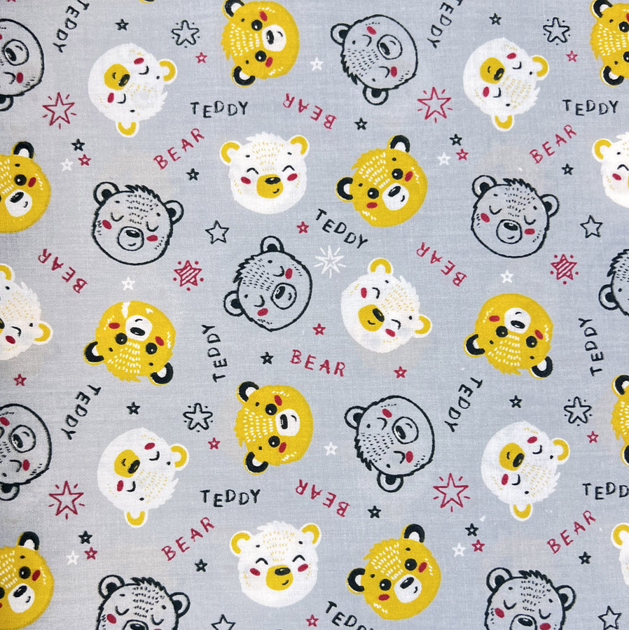 Pretty Polly Cotton Polyester Print Fabric Grey Bear Full