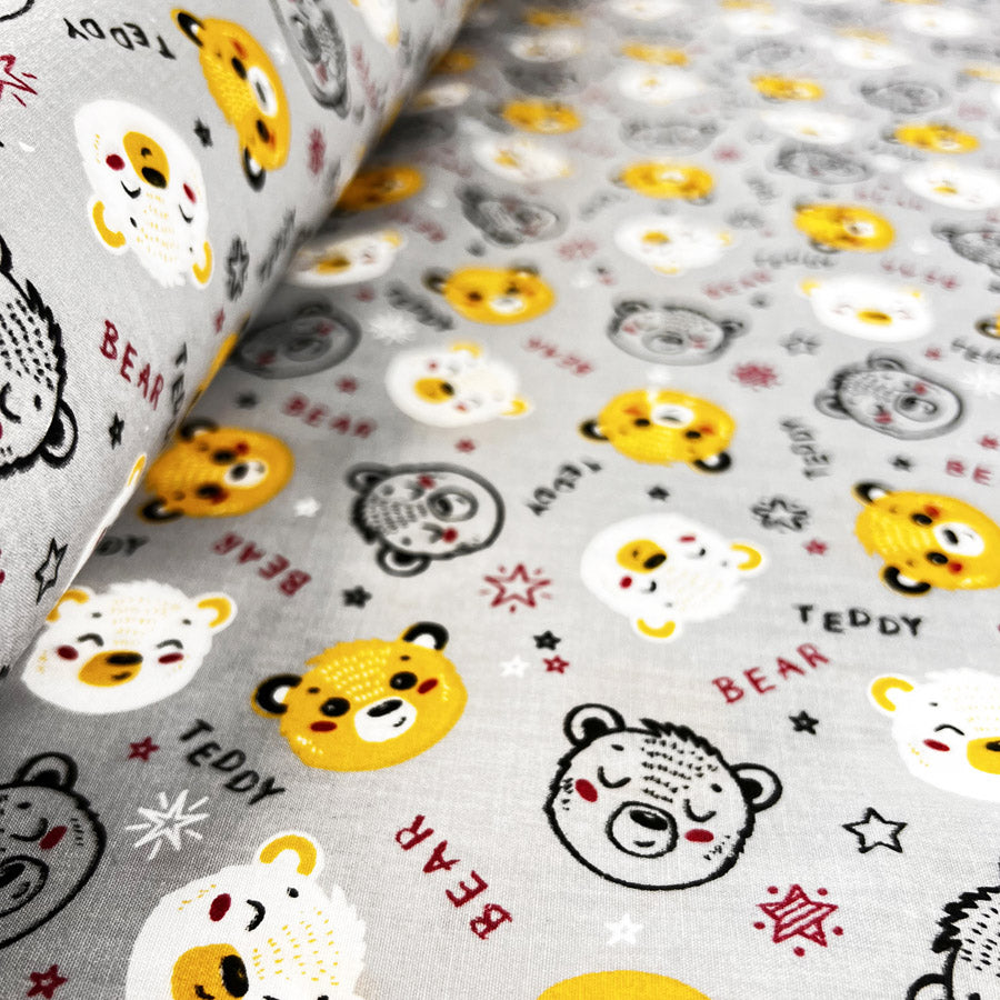 Pretty Polly Cotton Polyester Print Fabric Grey Bear Roll