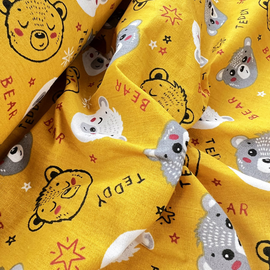 Pretty Polly Cotton Polyester Print Fabric Ochre Bear Close Up
