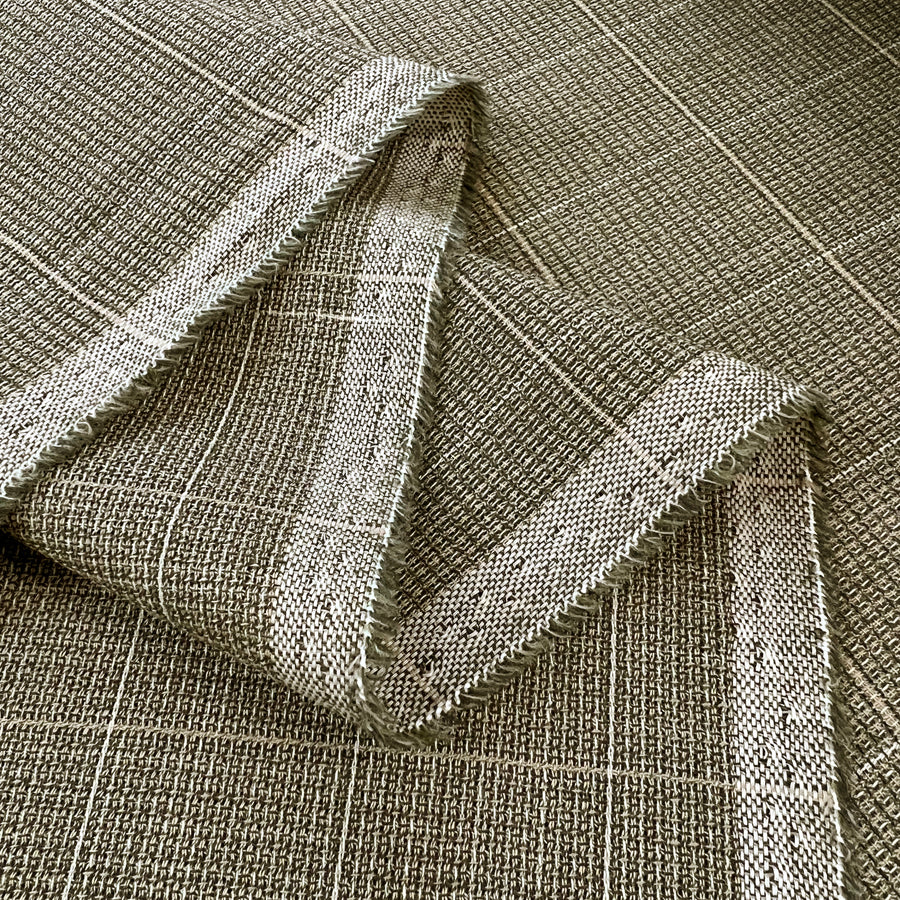 Prime Time Check Beige Green Wool Suiting Fabric Fold