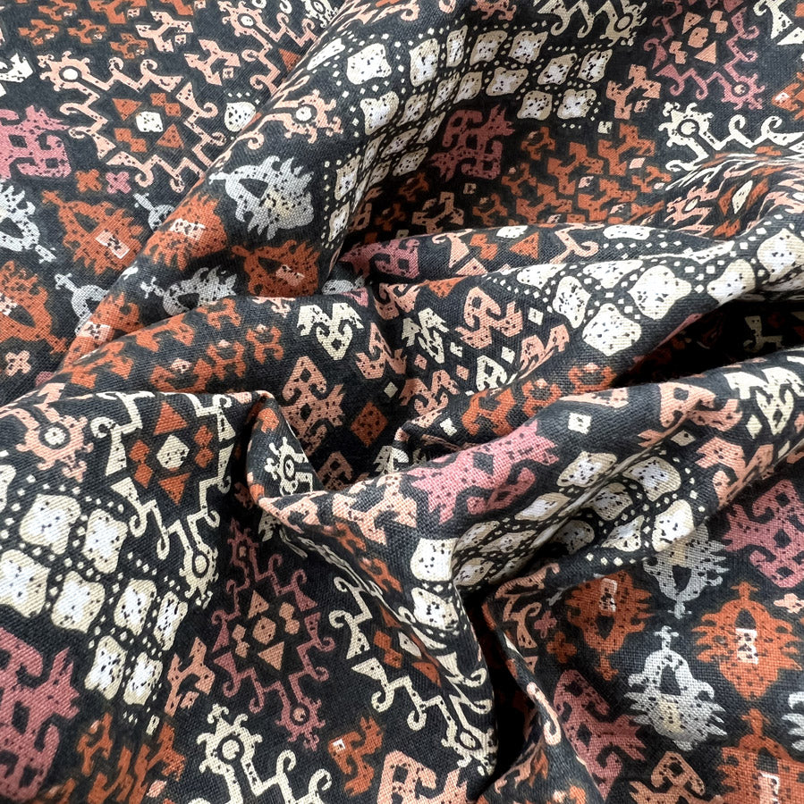 Printed Cotton Fabric Black Terra Rudiments Mocca