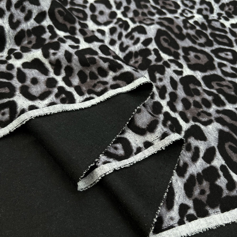 Printed ponte leopard grey black animal skin print