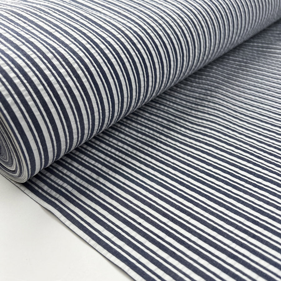 Proper Seersucker Indigo Stripe Cotton White Woven Dress Fabric Bolt