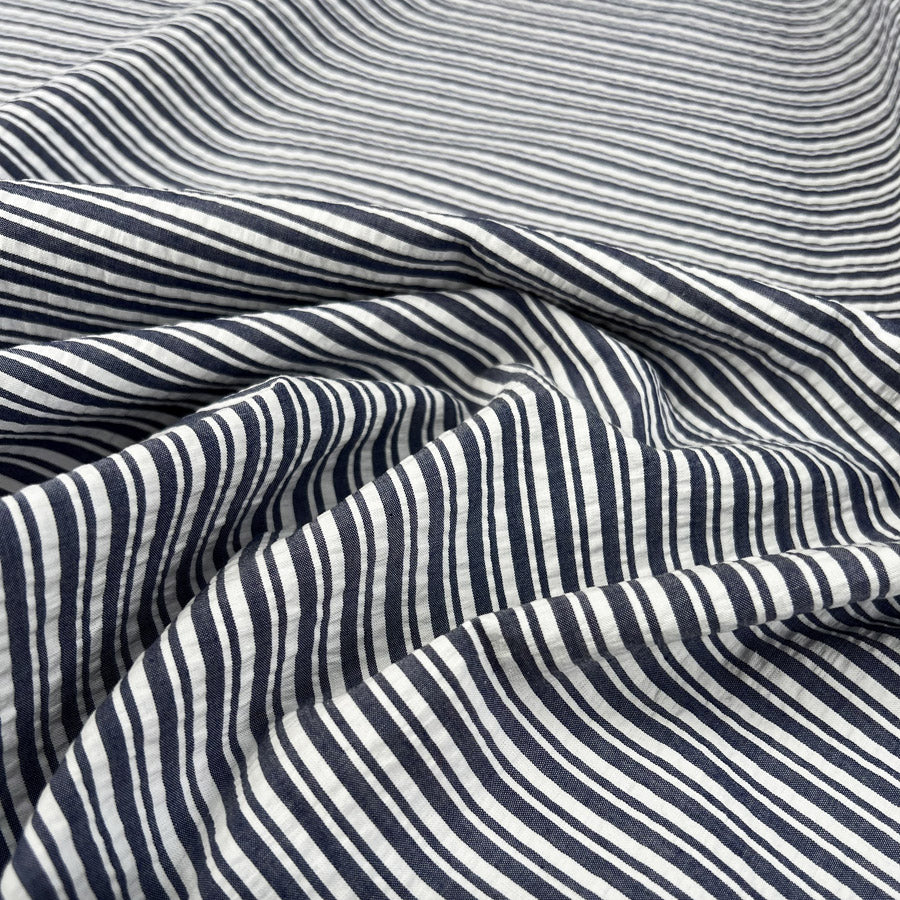 Proper Seersucker Indigo Stripe Cotton White Woven Dress Fabric