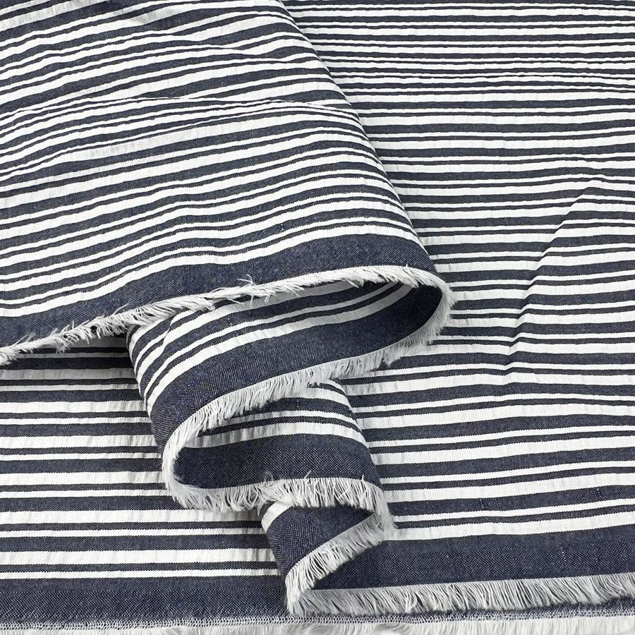 Proper Seersucker Indigo Stripe Cotton White Woven Dress Fabric Fold