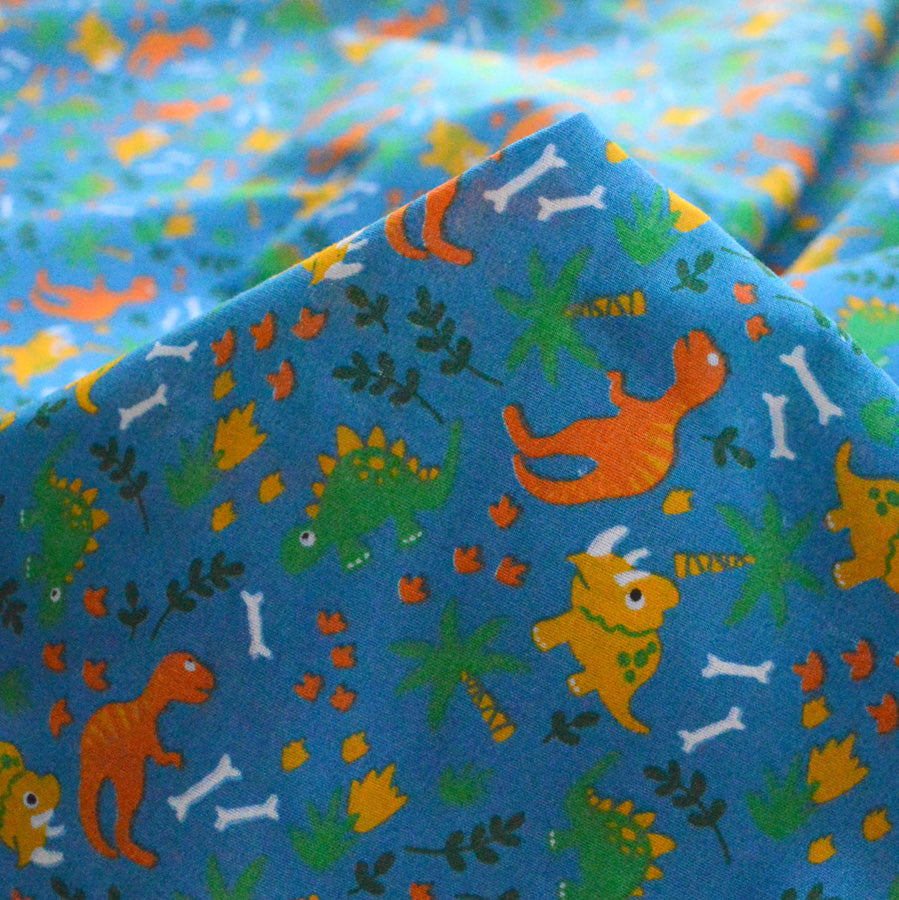 Put The Kettle On Disco Dino Blue Dinosaur Fabric Cu