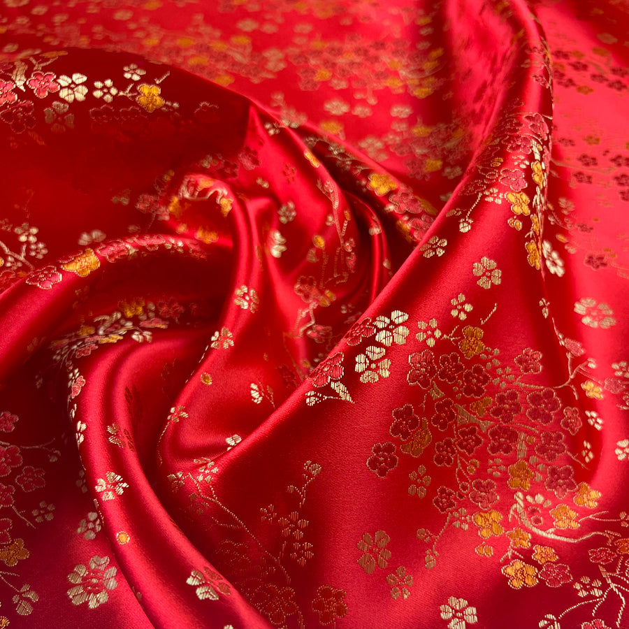 Qipao Fire Blossom Red Floral Polyester Chinese Jacquard Dress Fabric