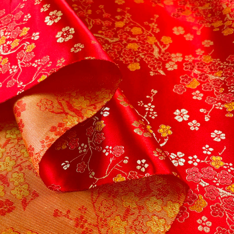 Qipao Fire Blossom Red Floral Polyester Chinese Jacquard Dress Fabric Fold