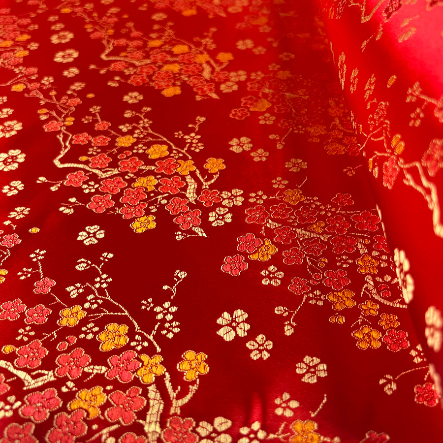 Qipao Fire Blossom Red Floral Polyester Chinese Jacquard Dress Fabric Roll