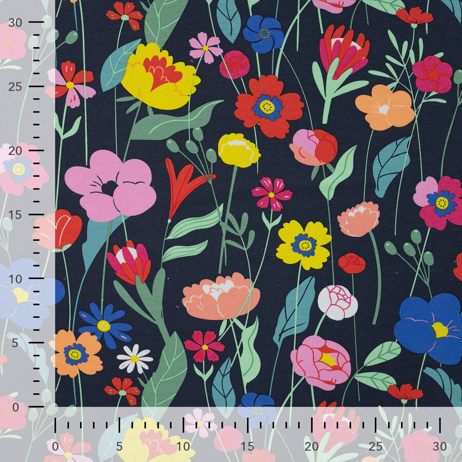 Qjutie Cotton Elastane French Terry Fabric Colourful Flowers K20094 001 Ruler