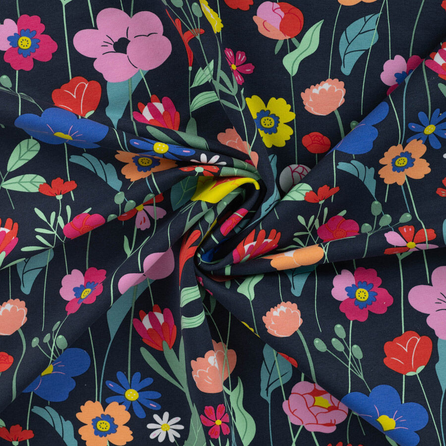 Qjutie Cotton Elastane French Terry Fabric Colourful Flowers K20094 001 Twist