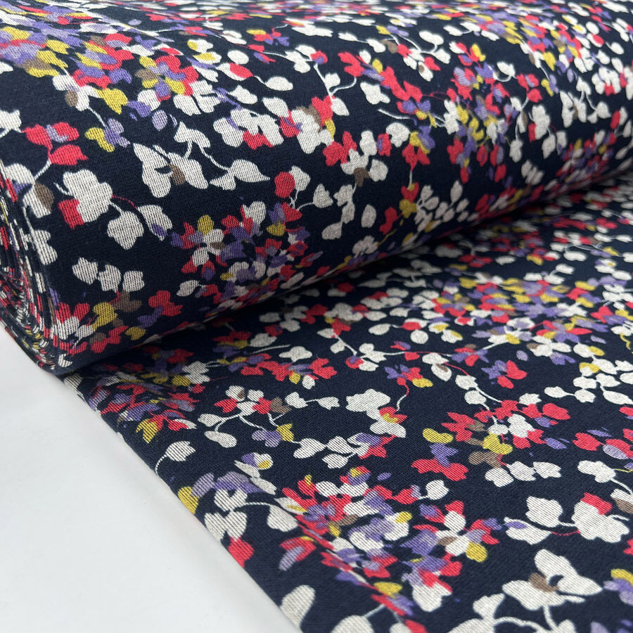 Quietly Bold Polyester Viscose Floral Navy Pink Stretch Knit Jersey Fabric Bolt