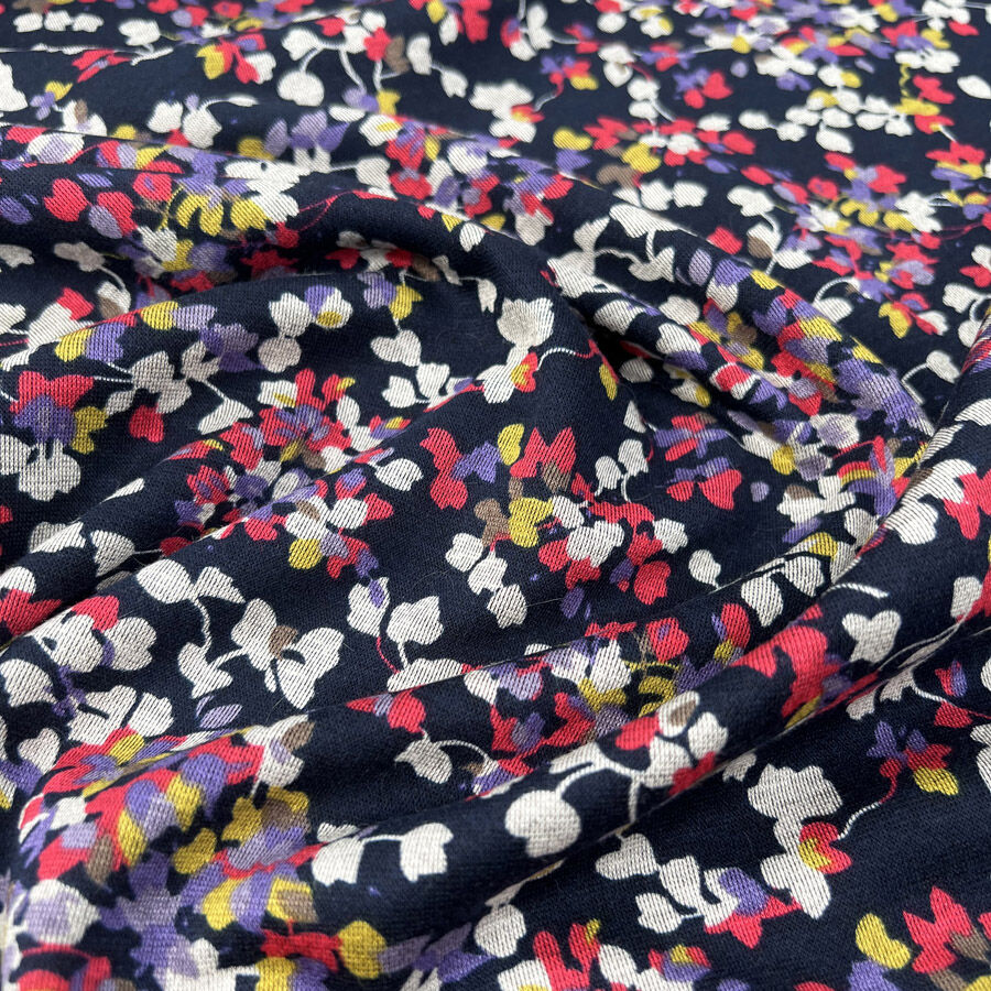 Quietly Bold Polyester Viscose Floral Navy Pink Stretch Knit Jersey Fabric