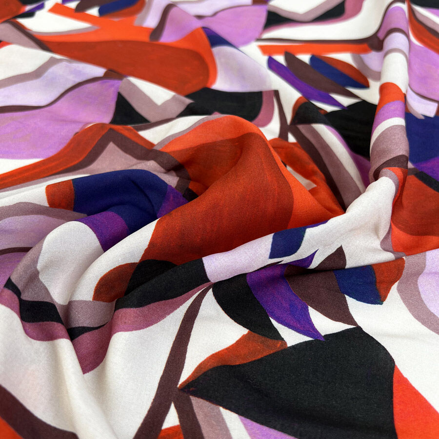 Riot Viscose Abstract Geometric Red Purple Italian Deadstock Dress Fabric