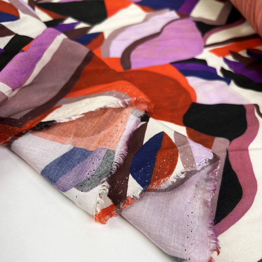 Riot Viscose Abstract Geometric Red Purple Italian Deadstock Dress Fabric Fold