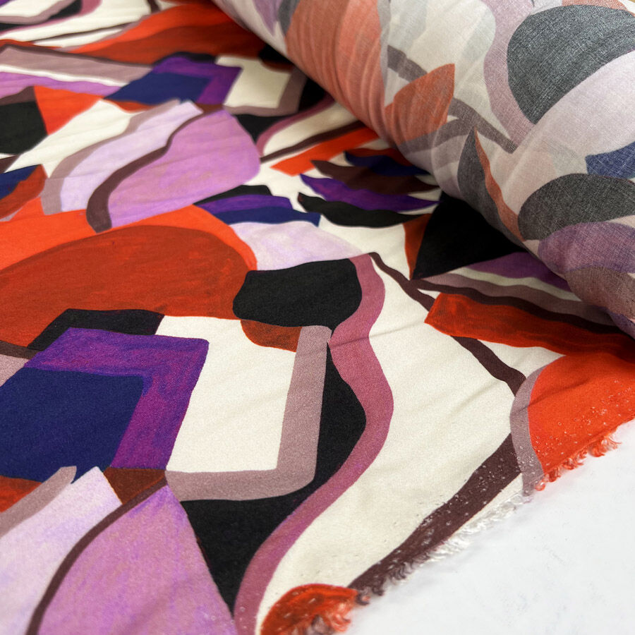 Riot Viscose Abstract Geometric Red Purple Italian Deadstock Dress Fabric Roll
