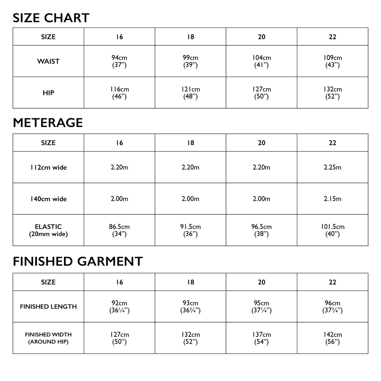 Robbie pants size chart 16 22