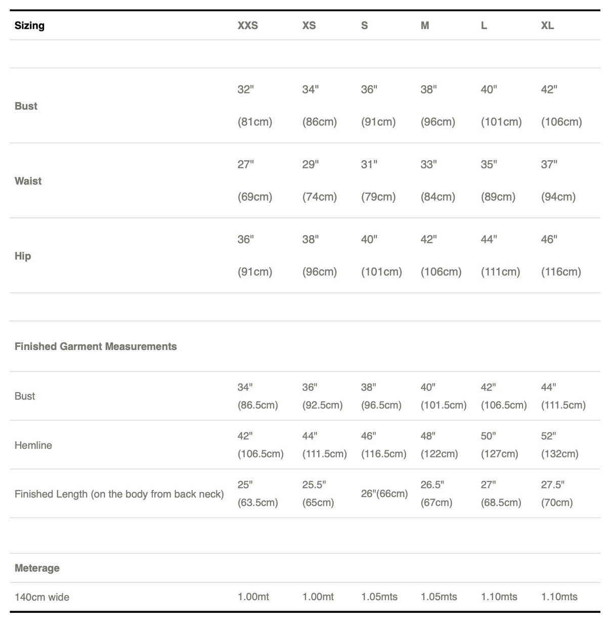 Romy Top Size Chart