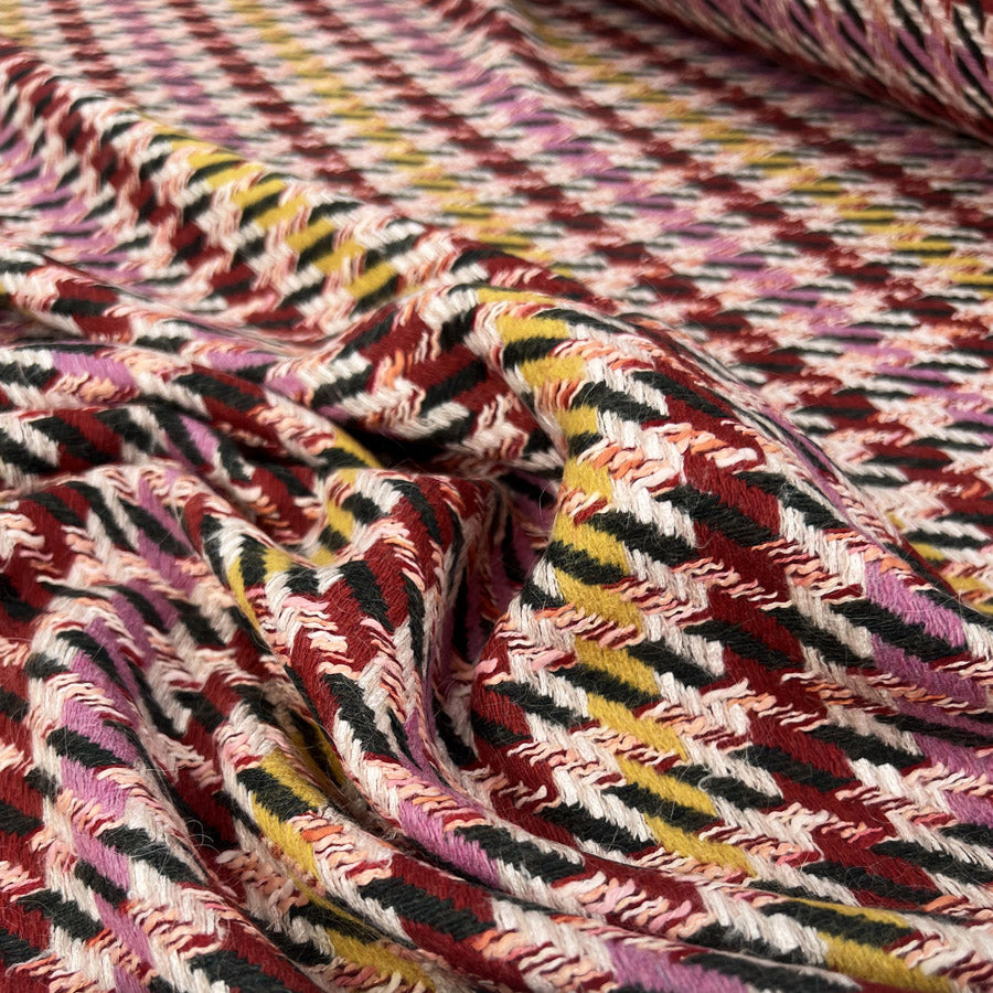 Rosella Tweed Italian Ex Designer Deadstock Wool Polyamide Pink Red Yellow Abstract Coat Fabric