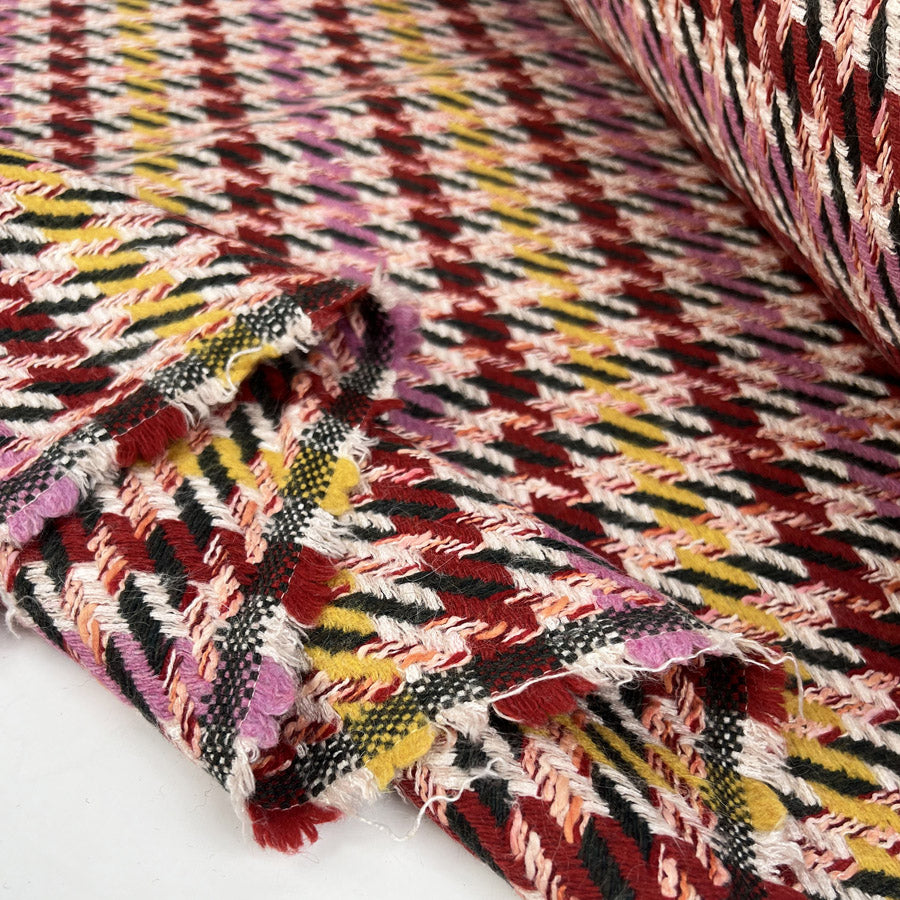 Rosella Tweed Italian Ex Designer Deadstock Wool Polyamide Pink Red Yellow Abstract Coat Fabric Fold