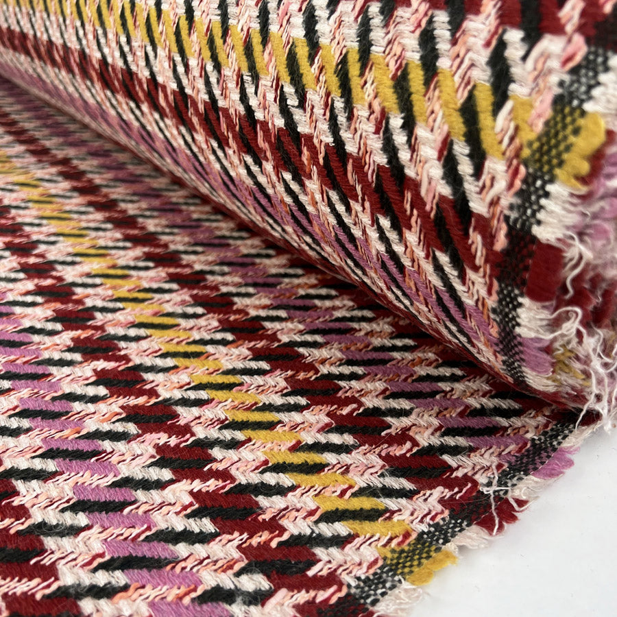 Rosella Tweed Italian Ex Designer Deadstock Wool Polyamide Pink Red Yellow Abstract Coat Fabric Roll